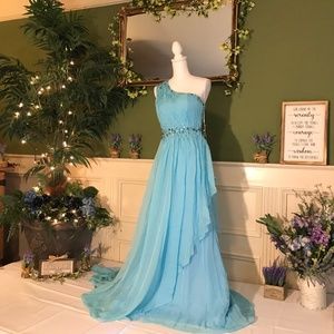 Long blue chiffon prom dress